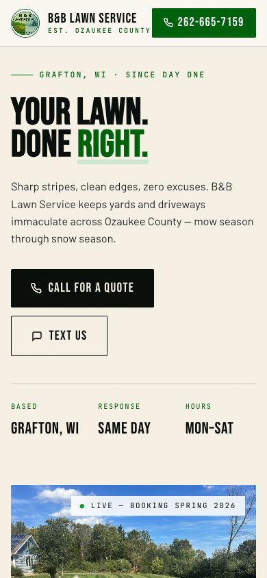 B & B Lawn Service website rendered on a mobile phone